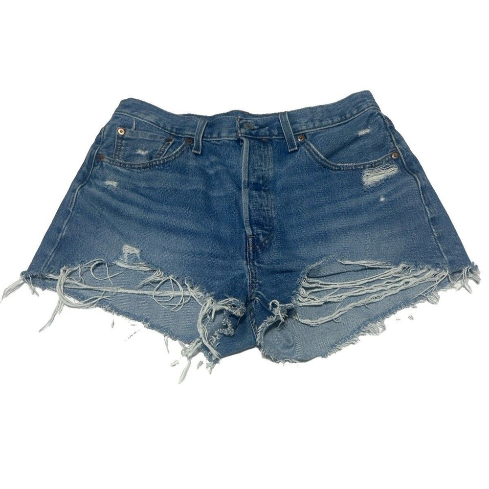 Women's Levi's 501 Button Fly Distressed Cut-Off Denim Shorts 32W 100% Cotton - Picture 2 of 7